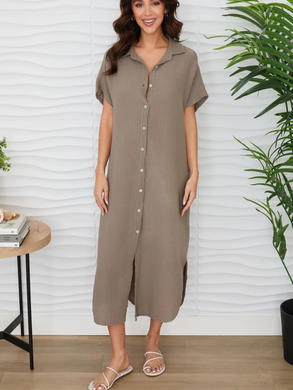 Button-Front Maxi Shirt Dress in Olive